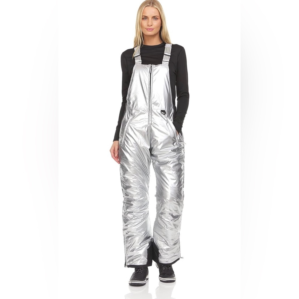 New silver metallic Womens Ski Snow Bibs Pants Insulated Overalls Snowboarding